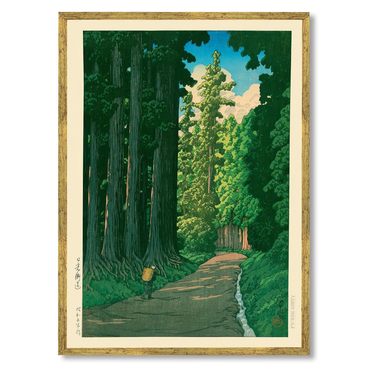 Gold Framed Japanese Forest Wall Art Road to Nikko Canvas Poster Vintage Asian Landscape Nature Painting Prints Janpan Style Garden Ukiyo (24"L x 36"W / Landscape - Gold Frame)