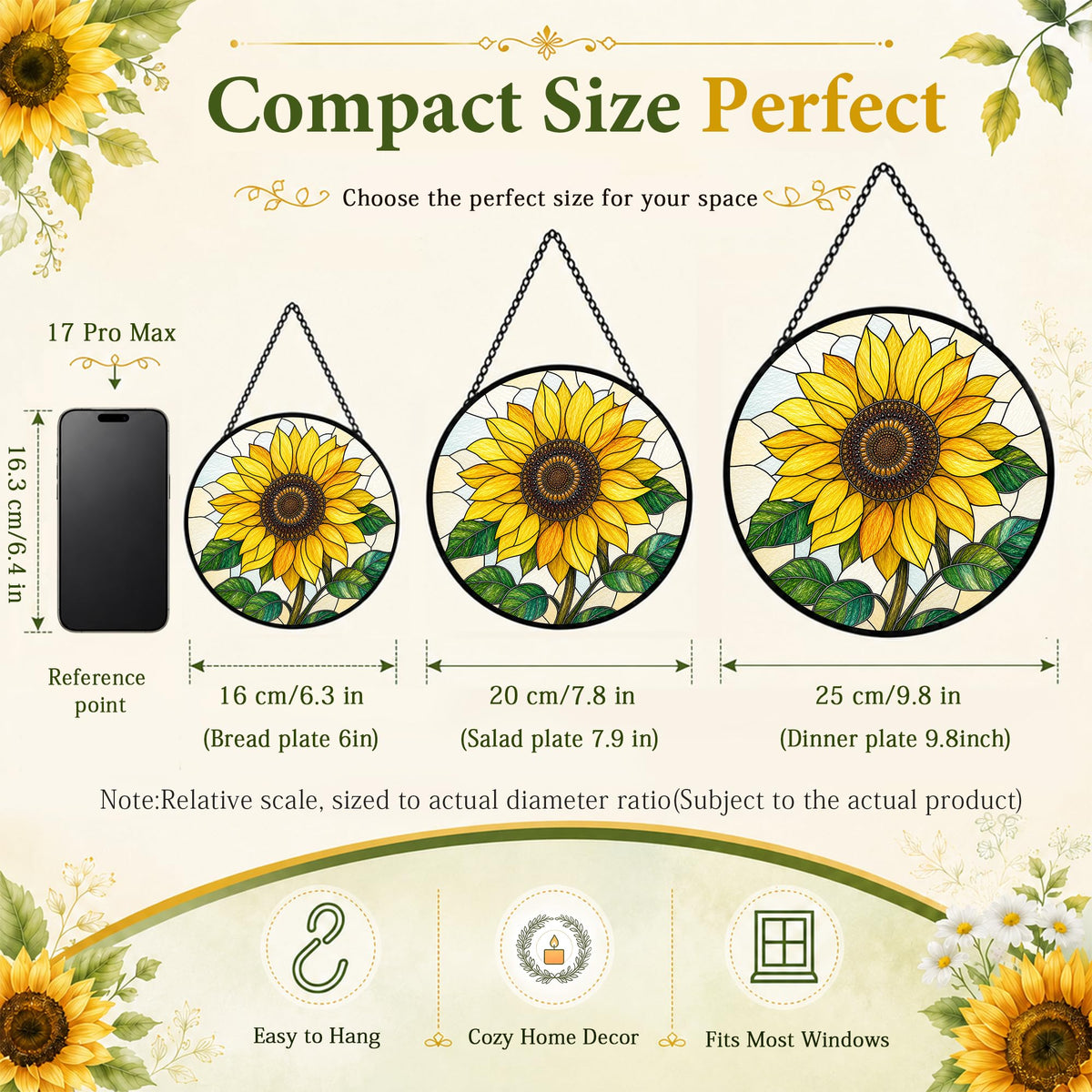 Sunflowers Gifts for Women Stained Glass Window Hanging Sun Catcher 9.8 in (Sunflower / 9.8 x 9.8 IN)