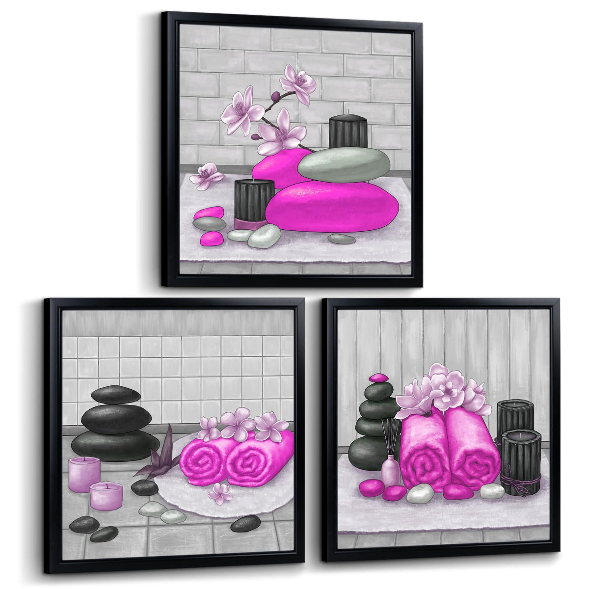 Zen Wall Art Decor Pink Bathroom Pictures Painting with Black Frames 12"x12" for Each (Hot Pink)