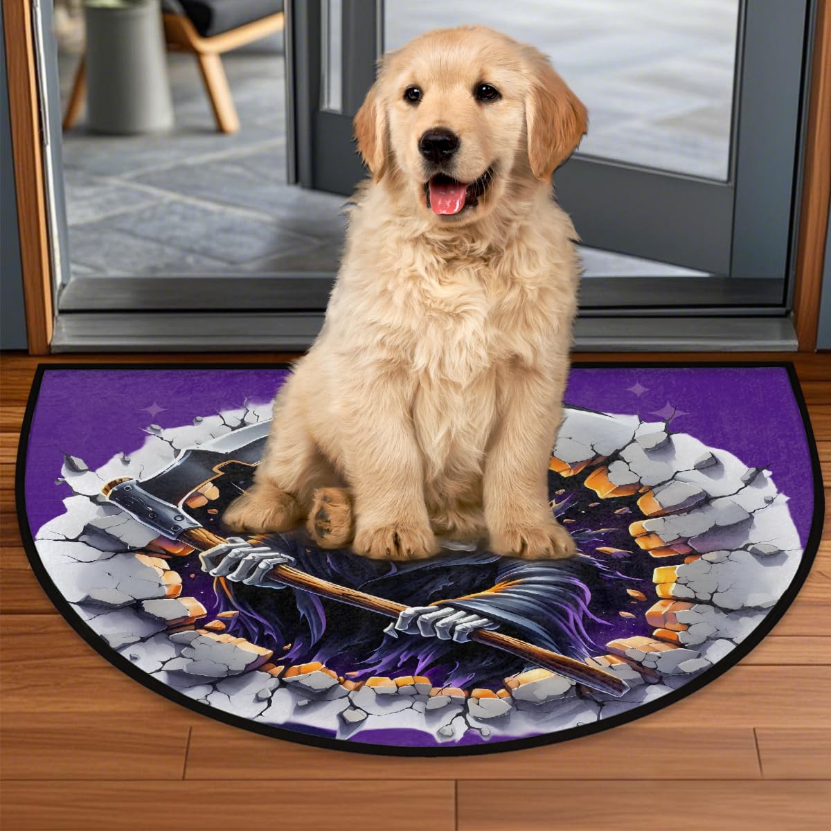 Half Round Door Mat Halloween Purple Skull Scythe Non (F 05)