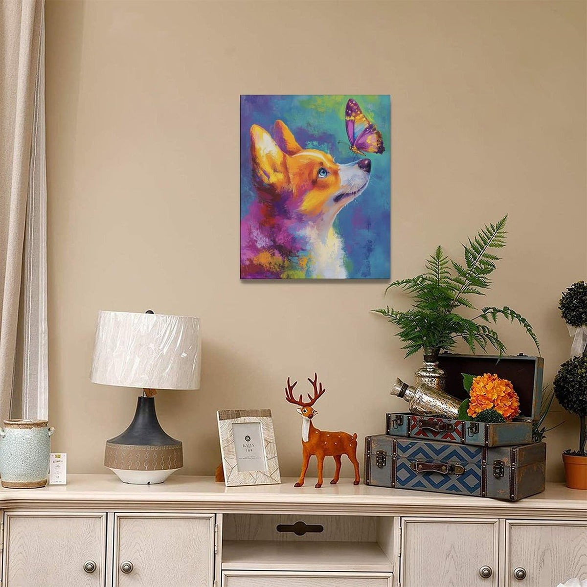 Corgi Kiss Butterfly Wall Art Dog Pictures Wall Decor Dogs Canvas Painting Print Home Modern Artwork Decorations Framed for Bathroom Living Room Bedroom Office 16 x 20 inch (20L" x 16W" / Corgi)