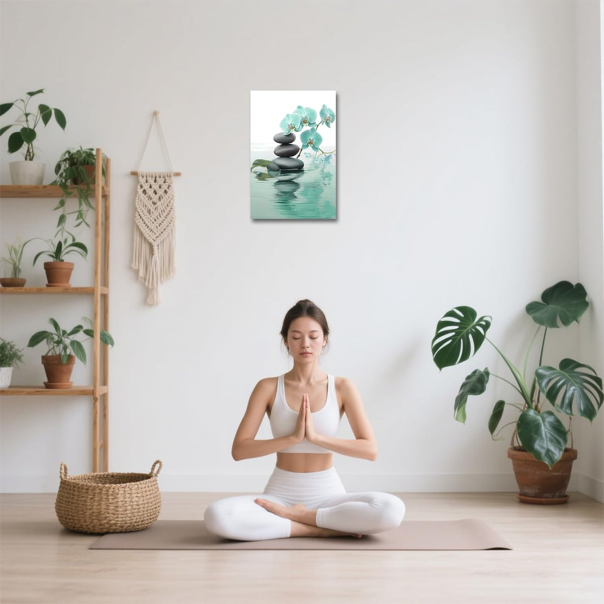 Zen Bathroom Wall Art Orchid Flower with Zen Stones Pictures Spa Painting Still Life Canvas Prints for Meditation Spiritual Room Decor Framed (Teal / 18"L x 12"W)