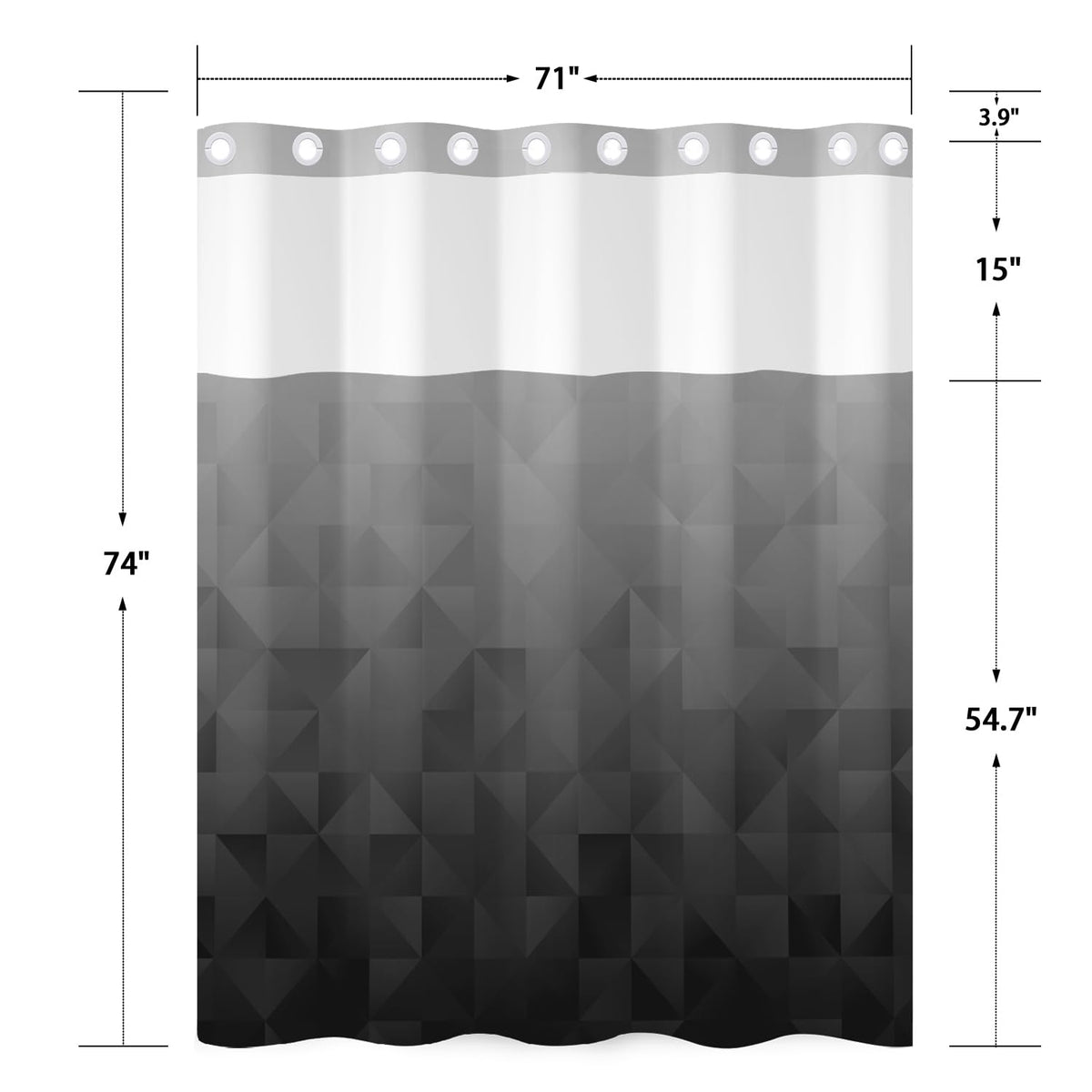Gray and Black Ombre Geometric Shower Curtain with Snap in Liner (Gradient Gray)