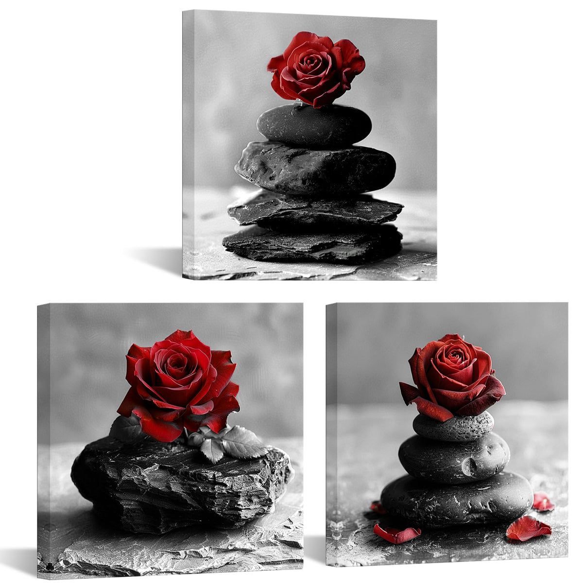 Rose Flowers Wall Art Zen Stones Picture Canvas Print Framed Modern Meditation SPA Room Bathroom Wall Decor (Red)