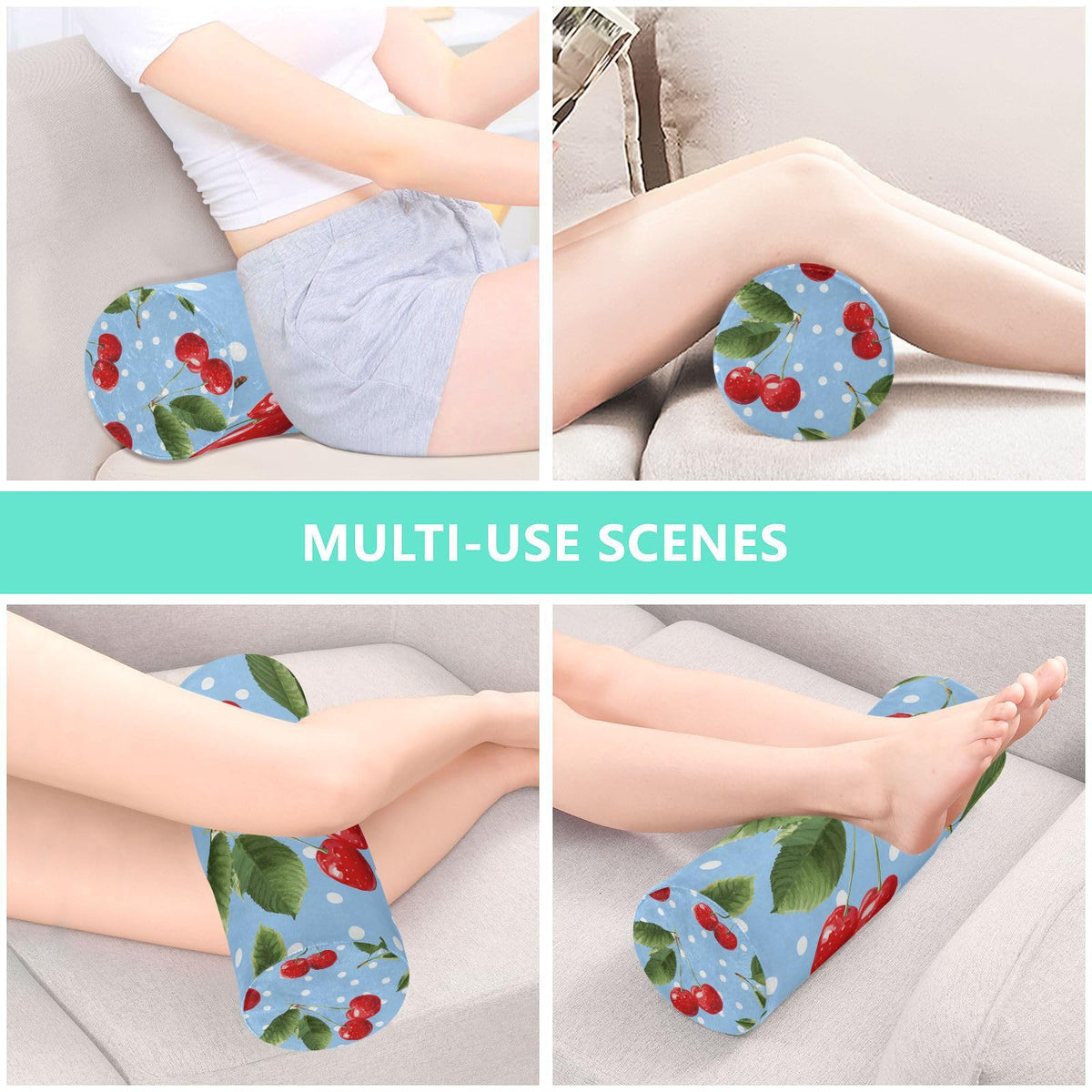 Light Blue Dots Red Cherry Neck Roll Pillow Bolster Round Health Memory Foam Long Cervical Cylinder Pillows with Removable Washable Cover for Body Bed Legs Back Yoga (Light Blue Dots Red Cherry)