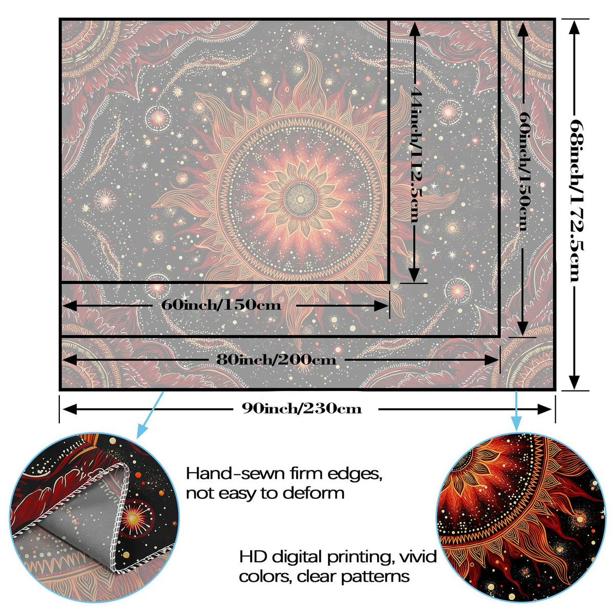 Tapestry Fiery Celestial Sun Mandala Wall Hanging Mystical Red Gold Starry Sky Decor Bohemian Yoga Meditation Backdrop 60"x44" (60"L x 44"W / Dark Red)