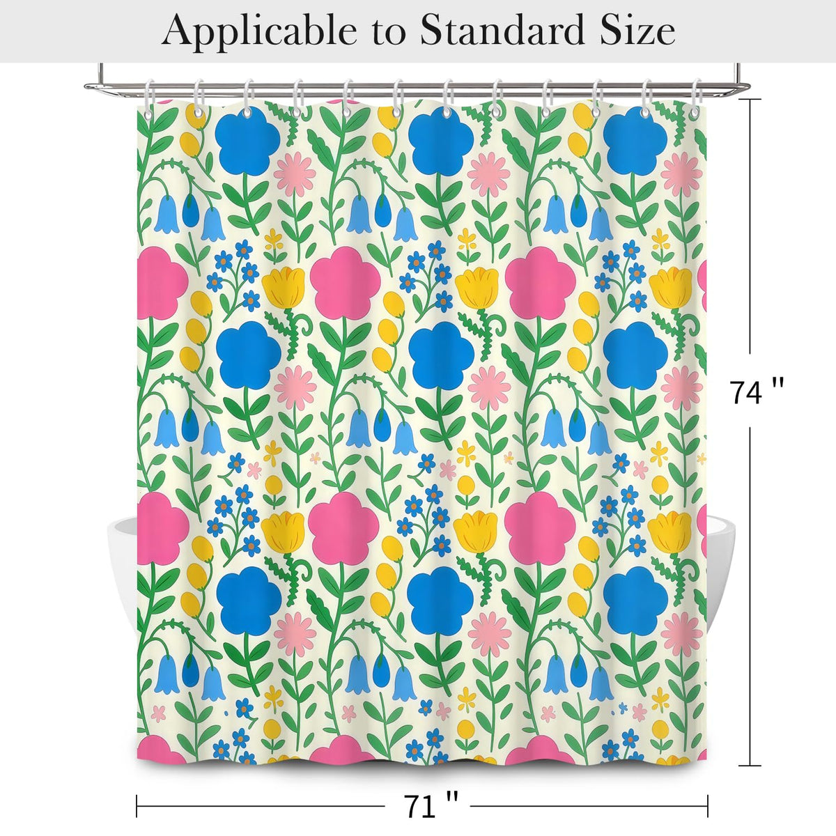 Colorful Floral Shower Curtain with Hooks (Cartoon Flowers)