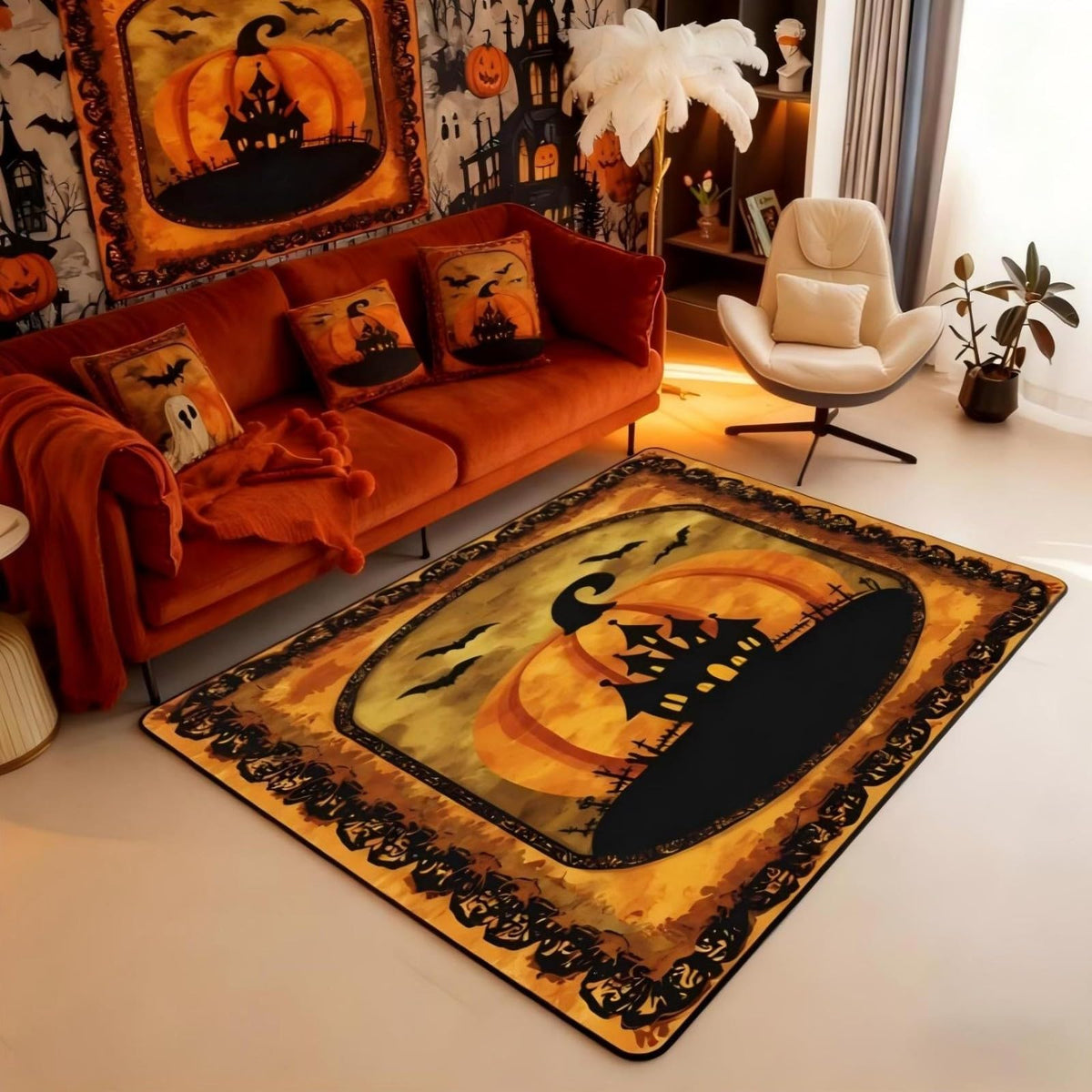 Halloween Pumpkin Large Area Rug 5x7 Spooky Haunted House Living Room Rug (Orange Black / 4'11" x 6'6" (Rectangular))