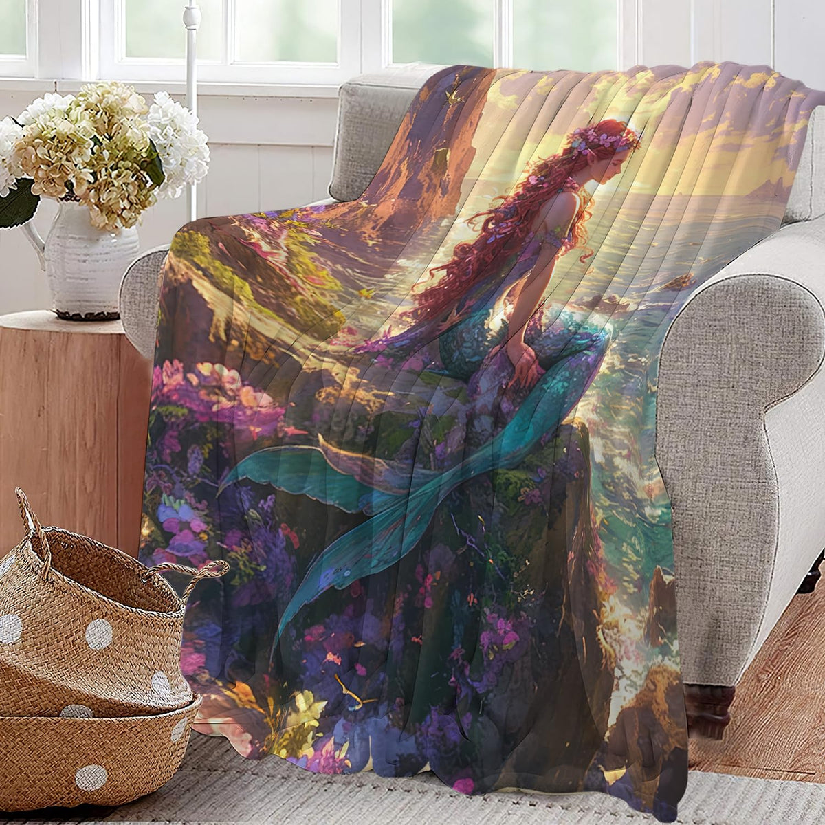 Mermaid Fleece Blanket Ocean Nautical Gifts Room Decor 60"x80" (Mermaid / 60"X80")