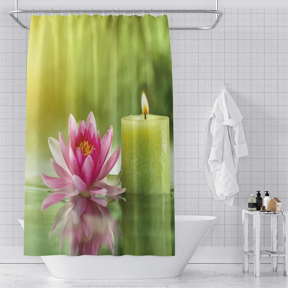 Spa Shower Curtain Pink Lotus and Green Candle Calm Relaxing Bath Curtain Waterproof Polyester Fabric Bathroom Decor Set with Hooks 72x72inch (72"W x 72"L (Pack of 1) / Green 05)