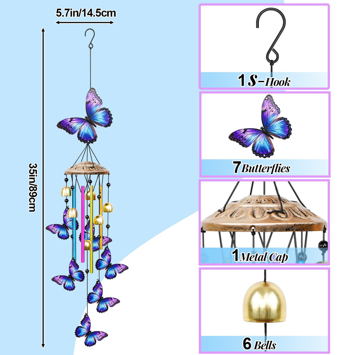 35" Wind Chimes for Outside (Butterfly)