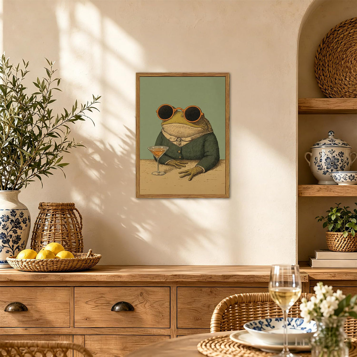 Framed Funny Frog Wall Art (Whimsical frog / 24"L x 16"W)