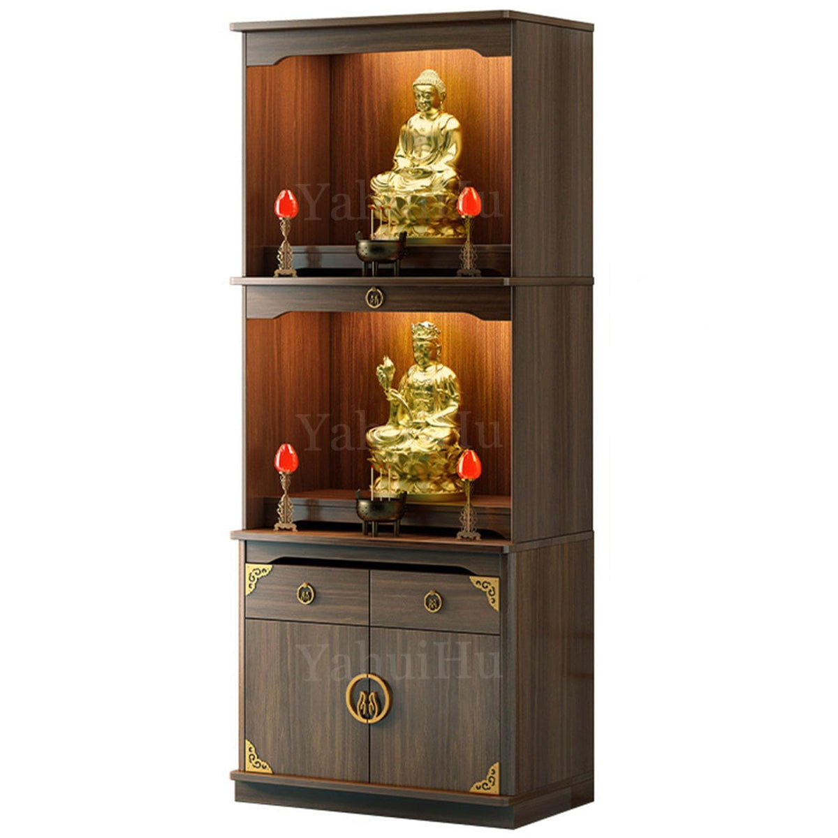 Multifunction Meditation Altar Table with Drawer and Shelf (Walnut(semi-open) / 32"Lx18"Wx78"H)
