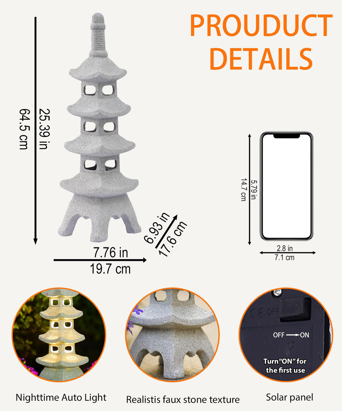 Solar Pagoda Garden Statues (65cm Gray)
