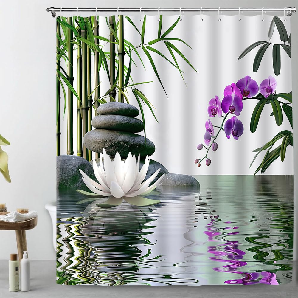 Zen Garden Shower Curtain Green Bamboo Spa Stone Lotus Purple Orchid Flower Nature Japanese Relax Fabric Bathroom Decor Curtain Sets with Hooks (Green Purple / 35"Wx70"H)