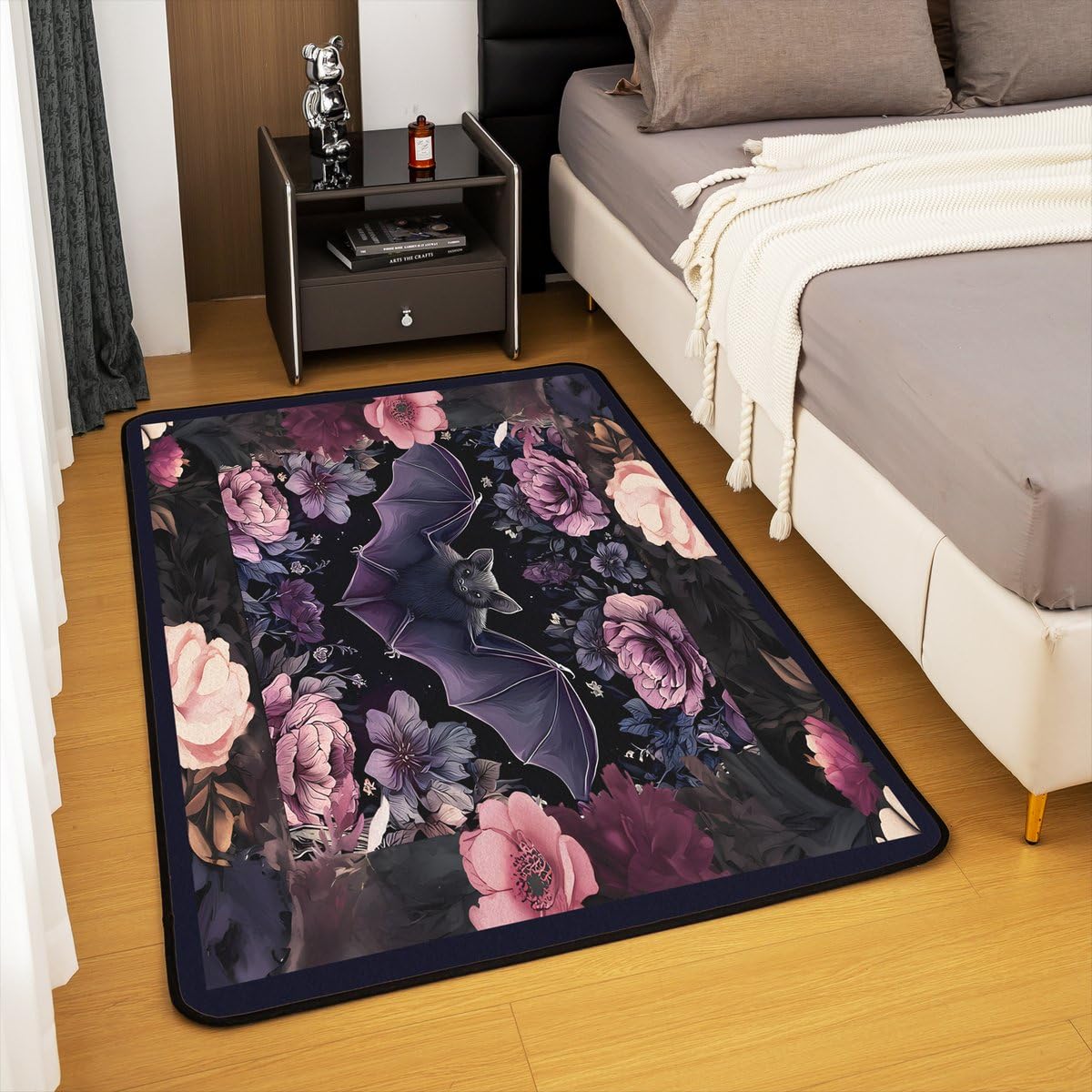 Black Floral Bat 3x5 Area Rug Halloween Bats Rugs for Living Room (Black Purple Pink / 3'3" x 4'11" (Rectangular))