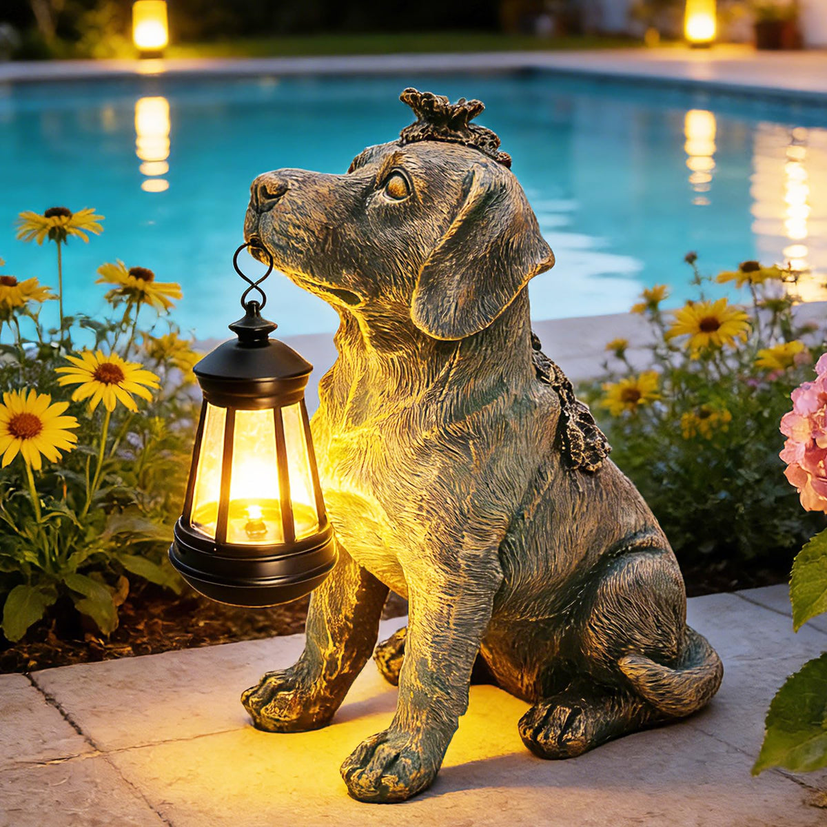 Garden Statue Dog Figurine Decor with Solar Lights 11in Outdoor Decoration (Bronze - Dog with Lantern)