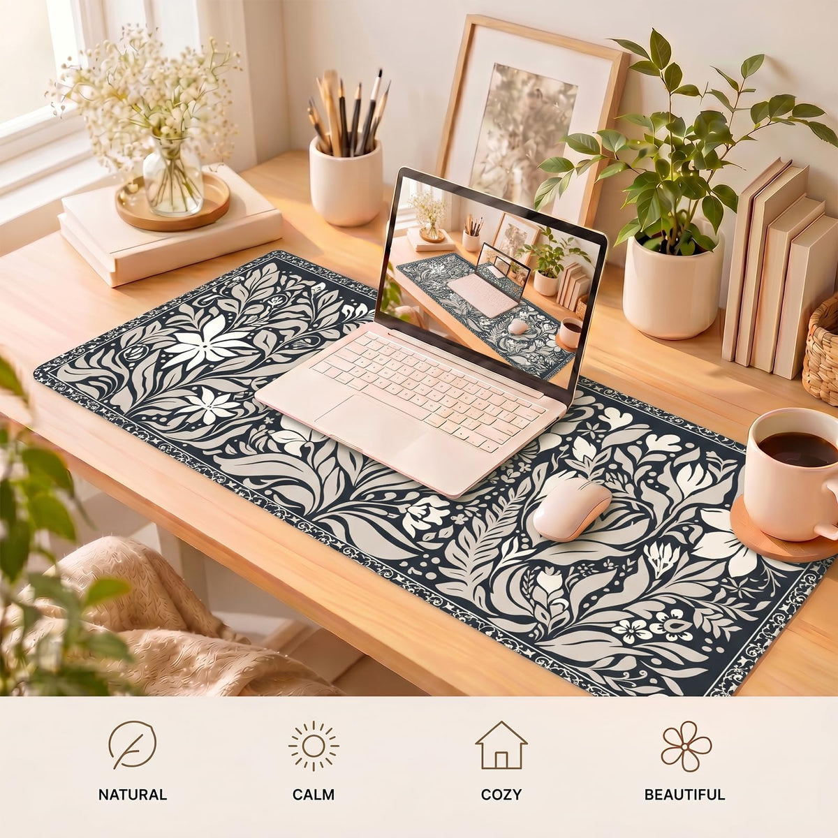 Dark Vintage Botanical Desk Mat (Navy Botanical Line Art / 35.4" x 15.7")