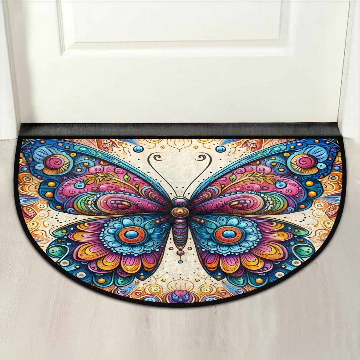 Colorful Butterfly Ethnic Half Round Mat Half Moon Door Rug Washable Durable Semi Circle Carpet Floor mats for Indoor Outdoor Bathroom Kitchen Patio Hearth Rug Laundry Room Home Decoration (D 029)