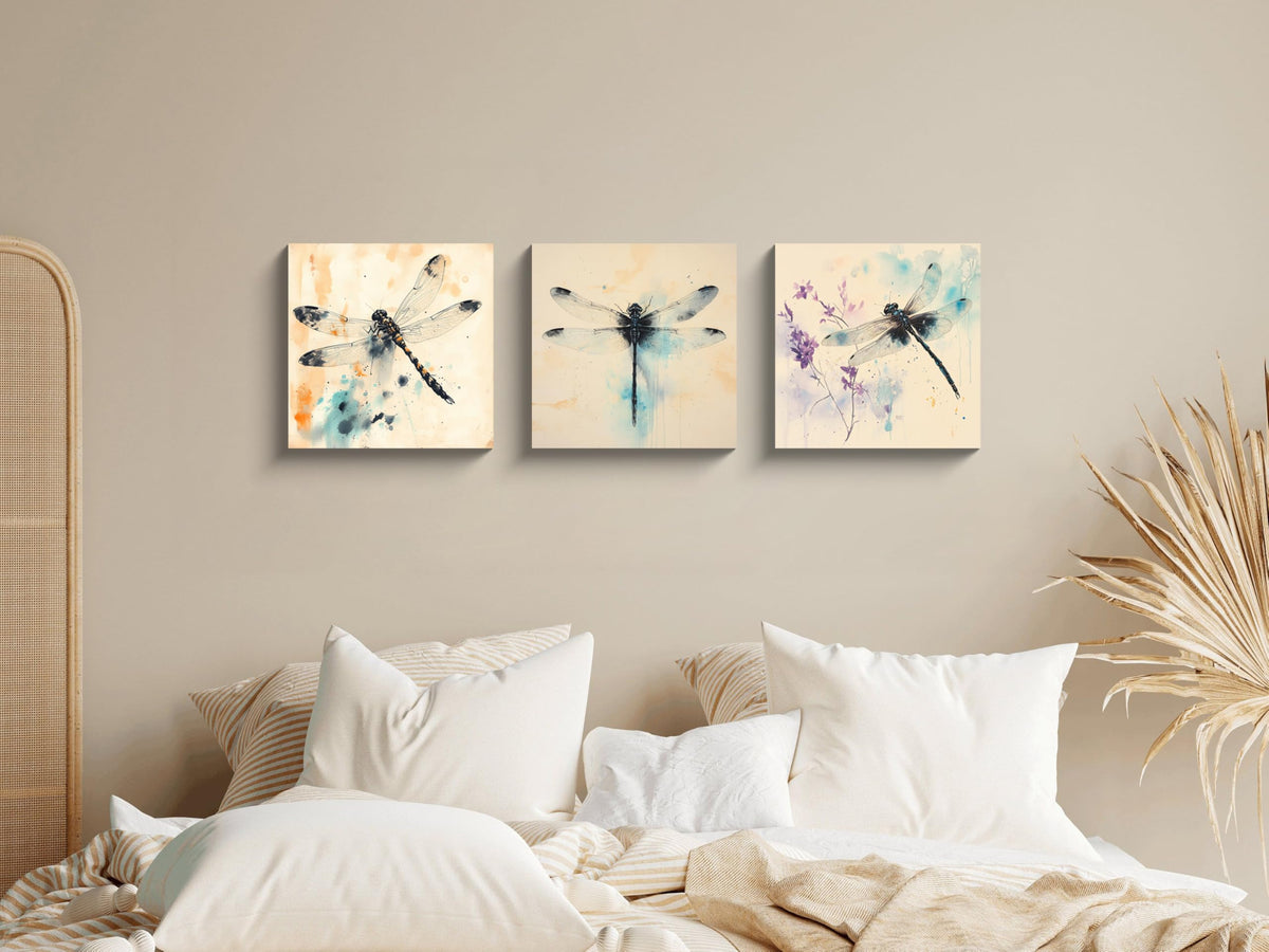 3Pcs Dragonfly Watercolor Wall Art Modern Nature Insect Floral Canvas Print Minimalist Teal Orange Black Ink Blue and Purple Splash Artwork Elegant Home Decor Living Room Bedroom Office (Watercolor Dragonfly / 12x12 inches (3 pieces))