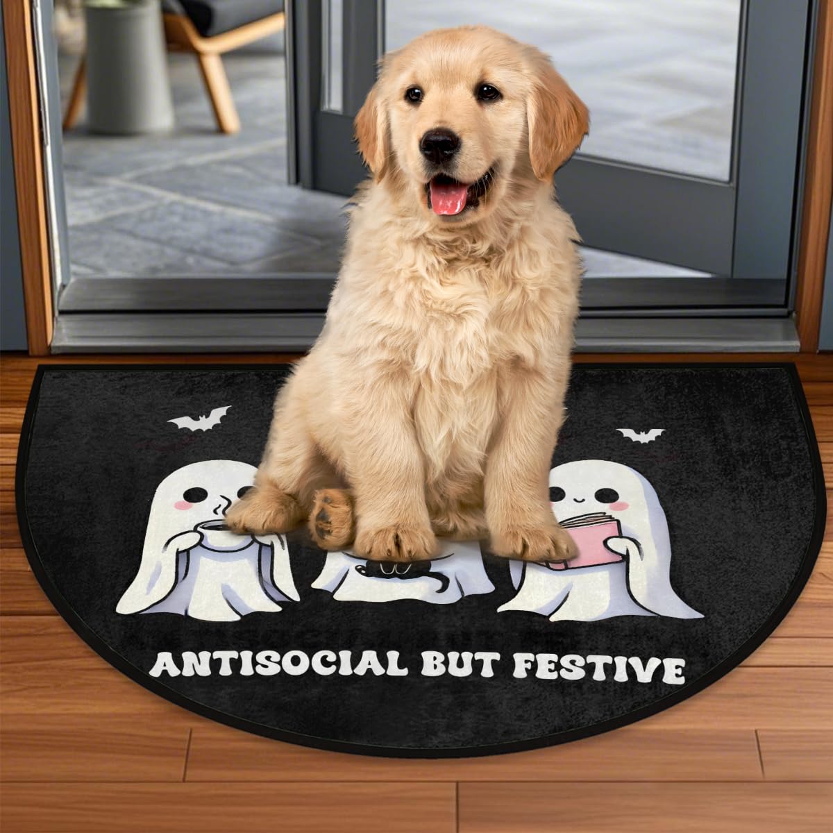 Halloween Half Round Doormat Halloween Cute Ghosts Semi Circle Rug Non Slip Outdoor Entrance Half Moon Rug Washable Front Floor Mat for Indoor Kitchen Bathroom Patio Fireplace Holiday Decor (Z:halloween)