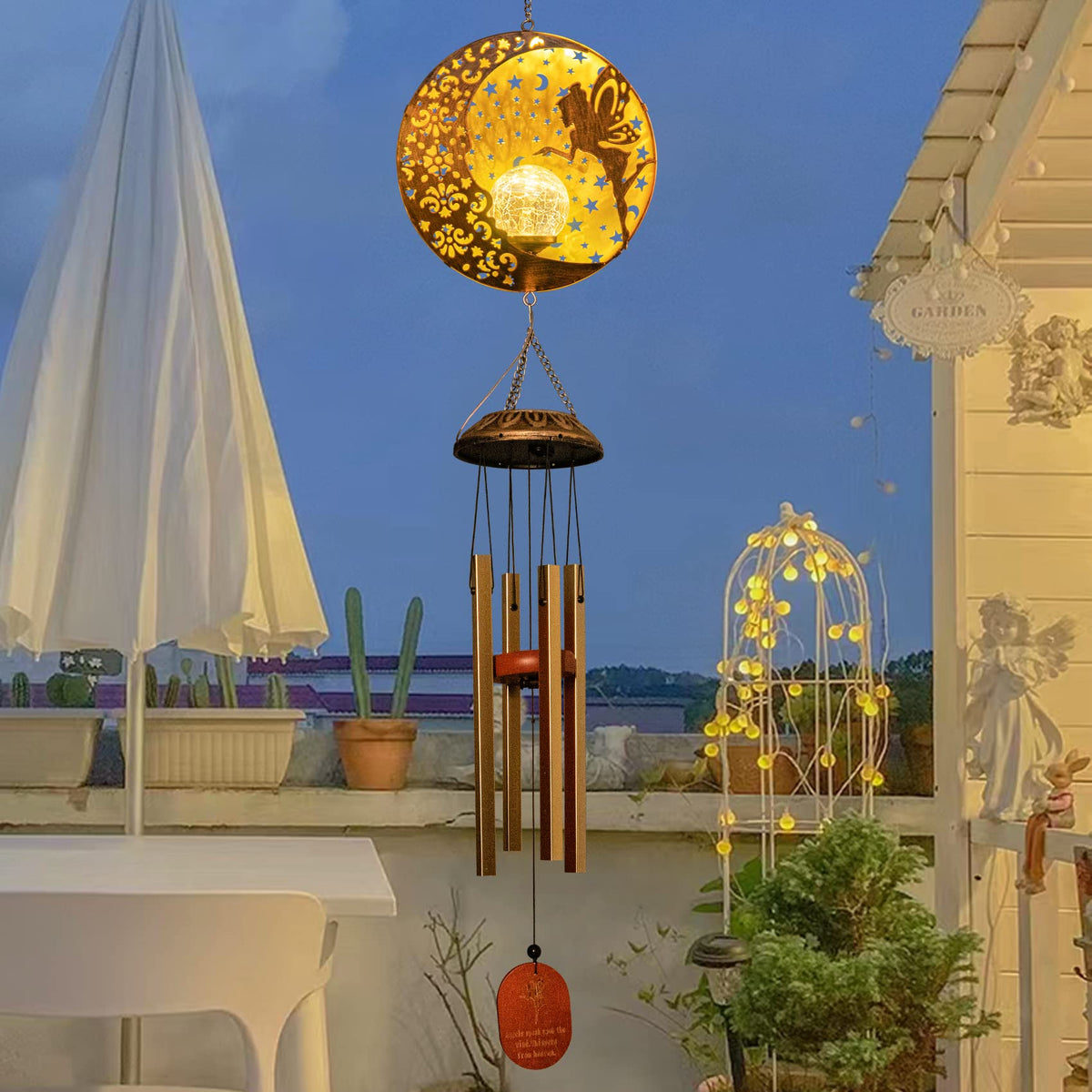 Wind Chimes Outdoor Fairy Hanging Solar Lights with 4 Aluminum Tubes