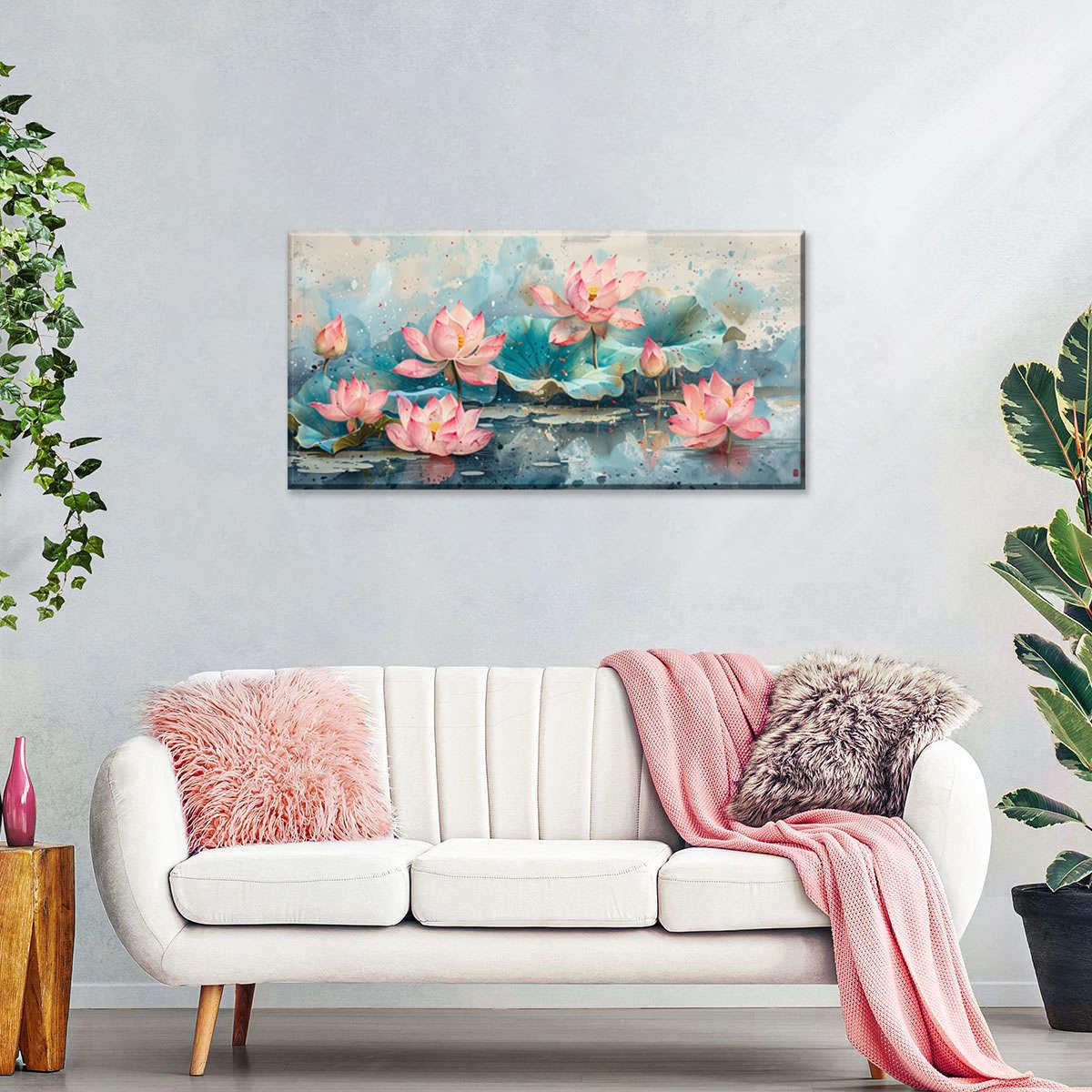 1Pcs Pink Lotus Flowers Canvas Prints Wall Art Green Leaves and Blooming Water Lilies Framed Wall Decor Ready to Hang Nature (Pink Lotus-One Piece / 16"L x 8"W)