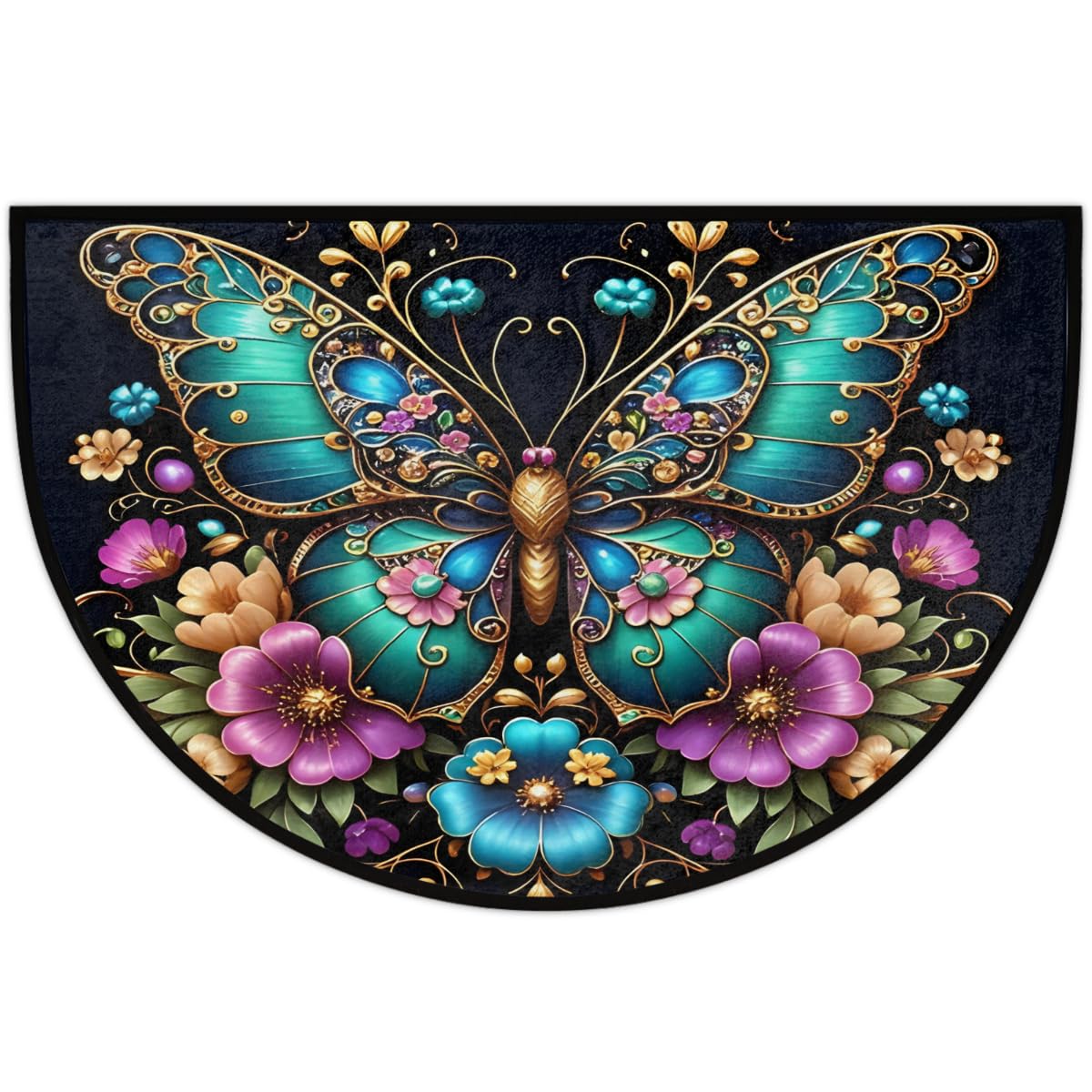 Pretty Butterfly Half Round Door Mat Semi Circle Rug Half Moon Doormat (B:e-52)