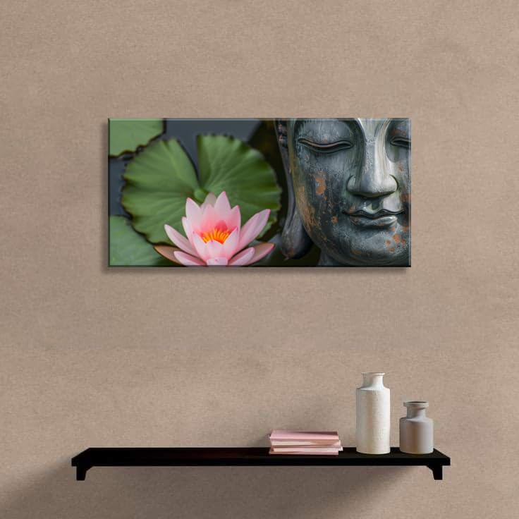 1Pcs Zen Buddha Canvas Wall Art Lotus Flower Meditation Framed Canvas Print Peaceful Asian Decor for Bedroom Living Room Spa Yoga Pink Oriental Artwork Water Lily Wall Art Ready to Hang (16"L x 8"W / 1PCS-Zen Buddha)