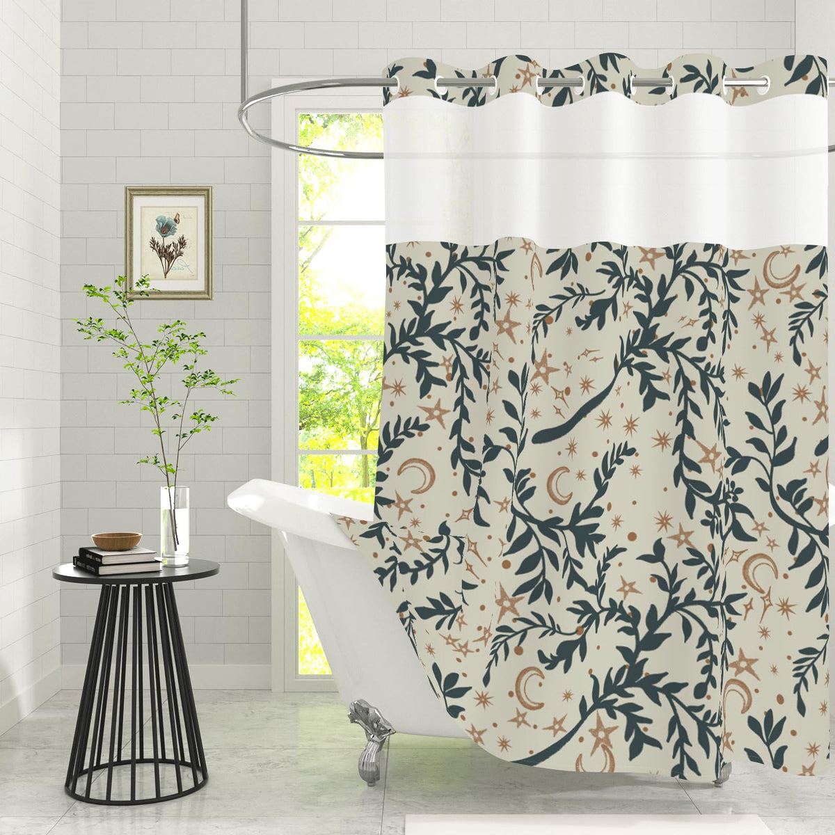 Boho Celestial Shower Curtain with Snap in Removable Liner (Moon and Star)