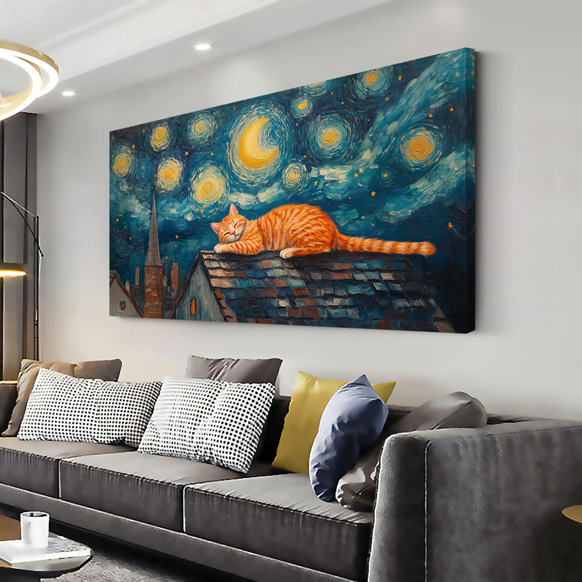 Navy Blue Starry Night Orange Cat Wall Art for Living Room Canvas Painting Prints Abstract Sleep Dream Sky Picture Vintage Artwork Office Bedroom Kids Room Decor Extra Large (58L" x 28W" / Multi Colors Wall Art(k829))