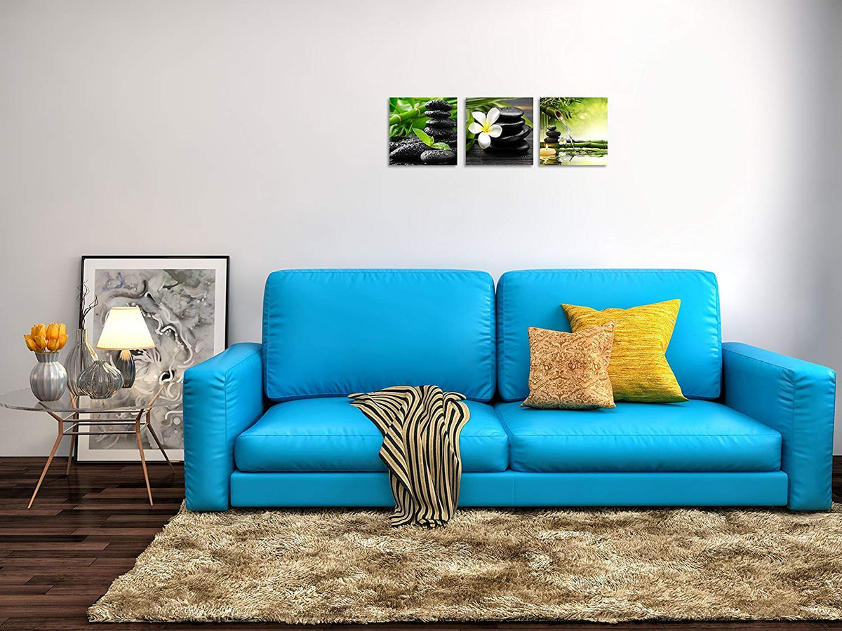 3 Panel Zen Canvas Wall Art Still Life SPA Stone Green Bamboo White Frangipani Flower Pictures Prints on Canvas for Home Office Kitchen Wall Decor Stretched and Framed Each Panel 12x12inch (12x12inchx3 / Still Life Spa Stone)