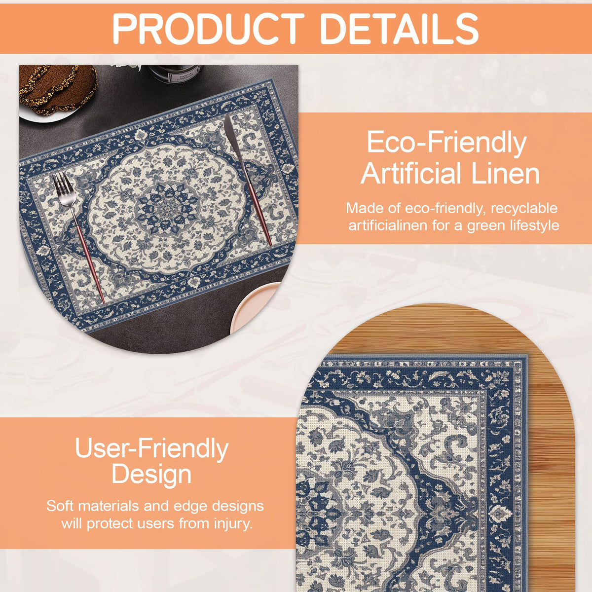 Blue Mandala Placemats Set of 6 (Blue Mandala Floral)