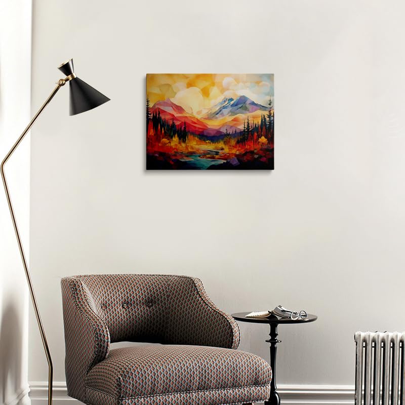 Abstract Mountain Sunset Canvas Wall Art Framed Print Color Block Painting Geometric Peaks with Forest River in Vibrant Warm Cool Tones Modern Nature Wall Decor Artwork 16x24 Inches (Red Mountain Scenery / 24"L x 16"W)