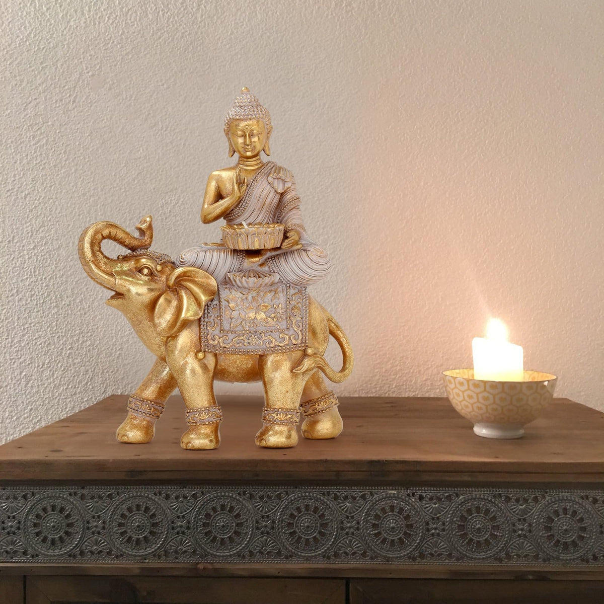 Buddha Statue for Home Decor Gold Candle Holder 11.5” (Elephant Buddha Statues-b / 8.85"*4.13"*11.5")