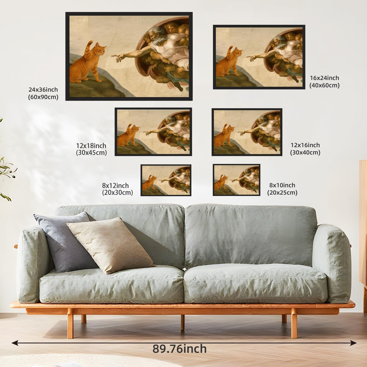 Black Framed Funny Cat Creation of Adam Canvas Wall Art Classic Renaissance Parody Poster Painting Prints Humorous God and Animal Paw Picture Artwork for Home Bedroom Decor Pet Lover 12x18inch (12"L x 18"W / Cat - Black Frame)