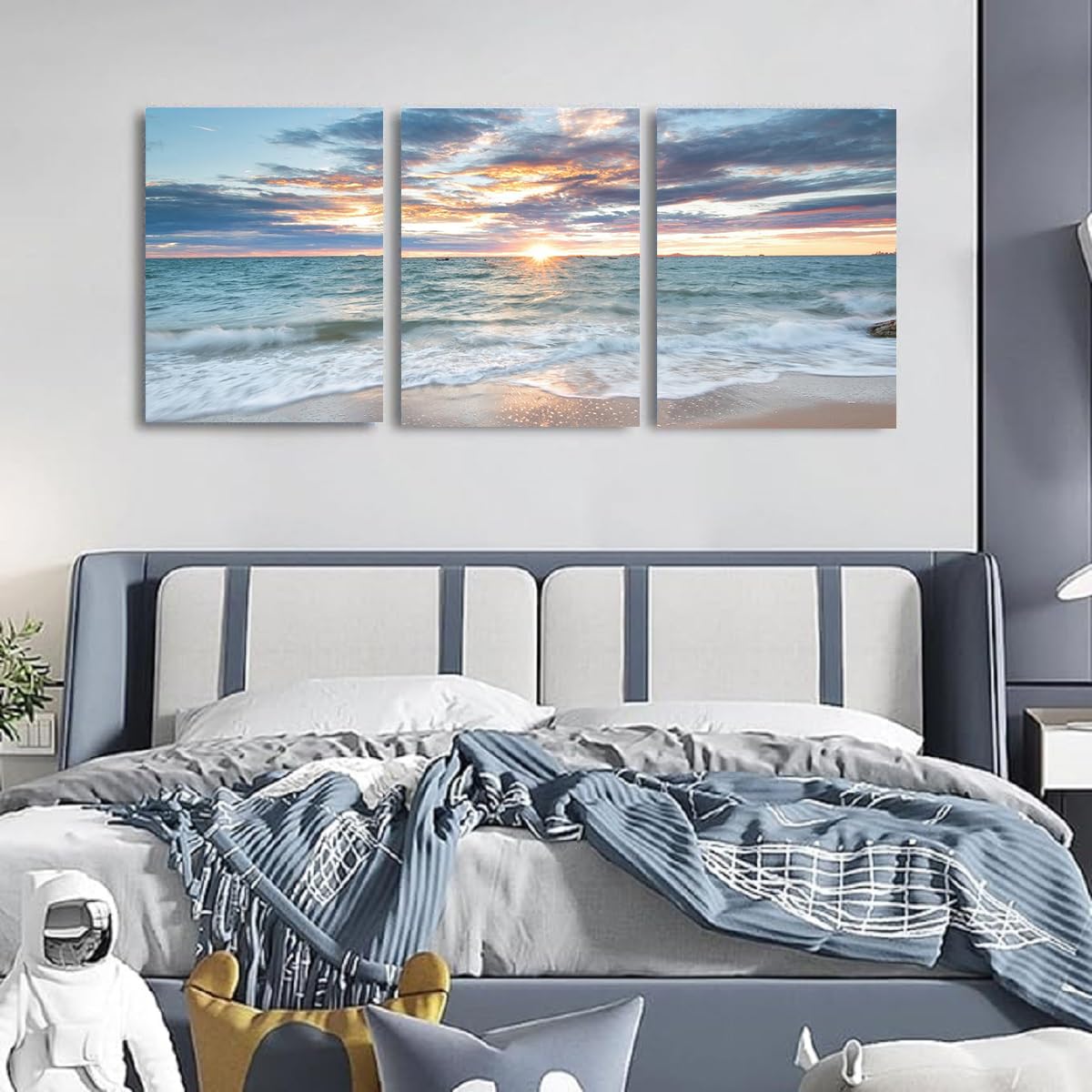Living Room Wall Art Coastal Artwork Picture Beach Sunset Canvas Prints Painting 3 Panels Framed Ocean Room Decor for Bedroom Decor Bathroom Office Artwork Home Decorations (BAOceaY3 / 16"x24"inches x 3 pcs)