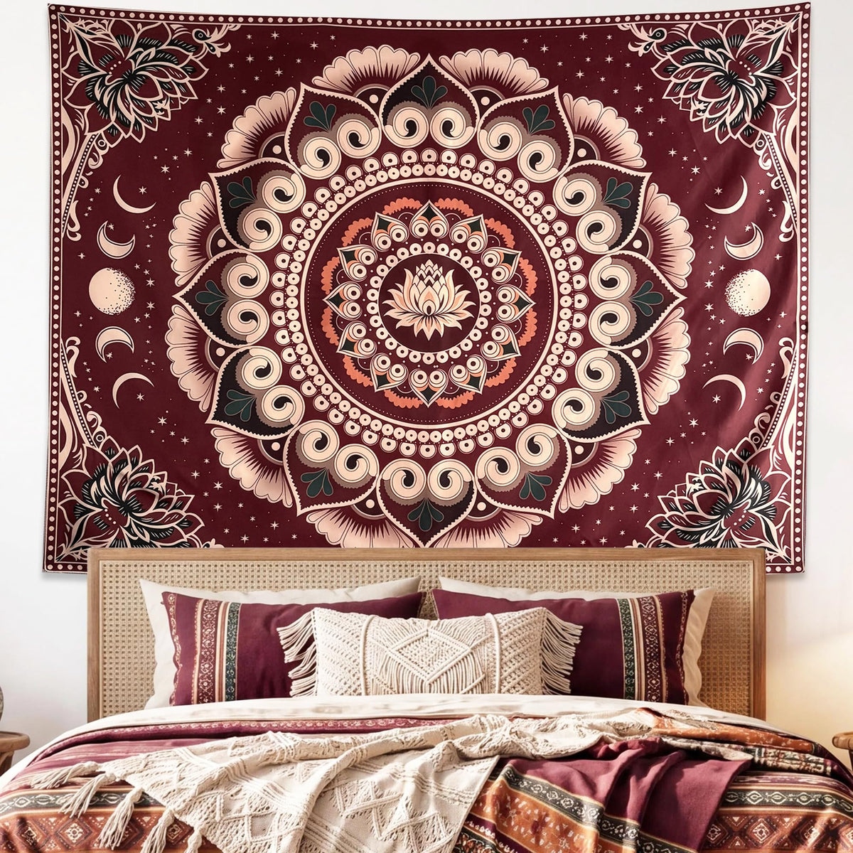 Red Boho Lotus Mandala Tapestry Wall Hanging for Bedroom 60 x 44 Inch (Red / 60"L x 44"W)