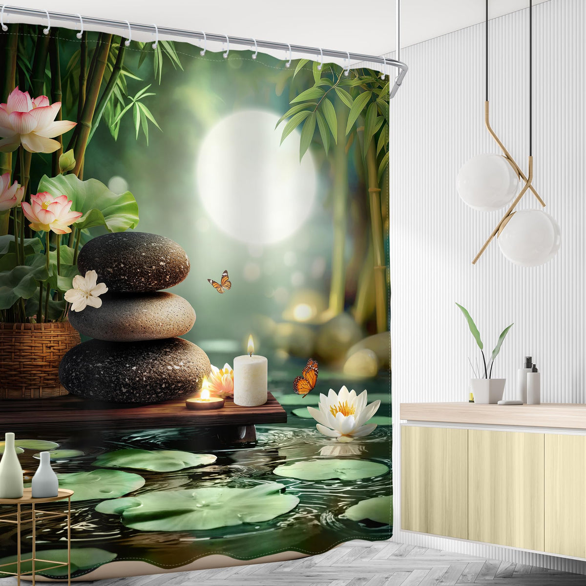 Zen Bamboo Lotus Moon Shower Curtain Stone Spa Pastel Candle 60Wx72L Inch (E-green Pink / 60"W x 72"L (Pack of 1))