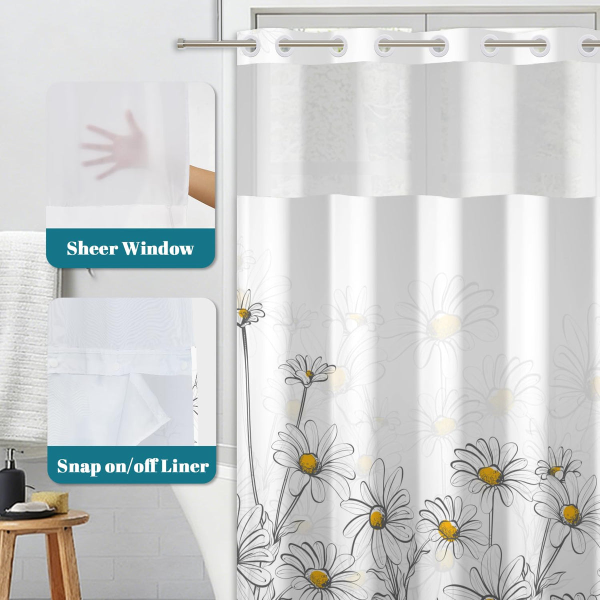 No Hook Shower Curtain with Snap in Liner (Flower-3)