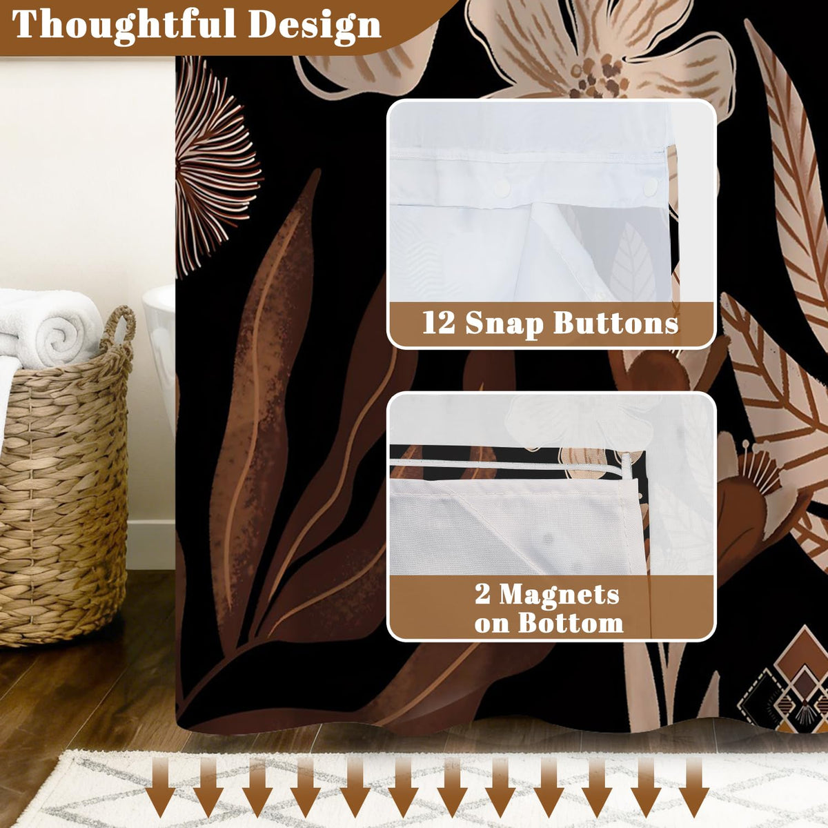 Dark Floral Shower Curtain No Hooks with Liner (Abstract-1)