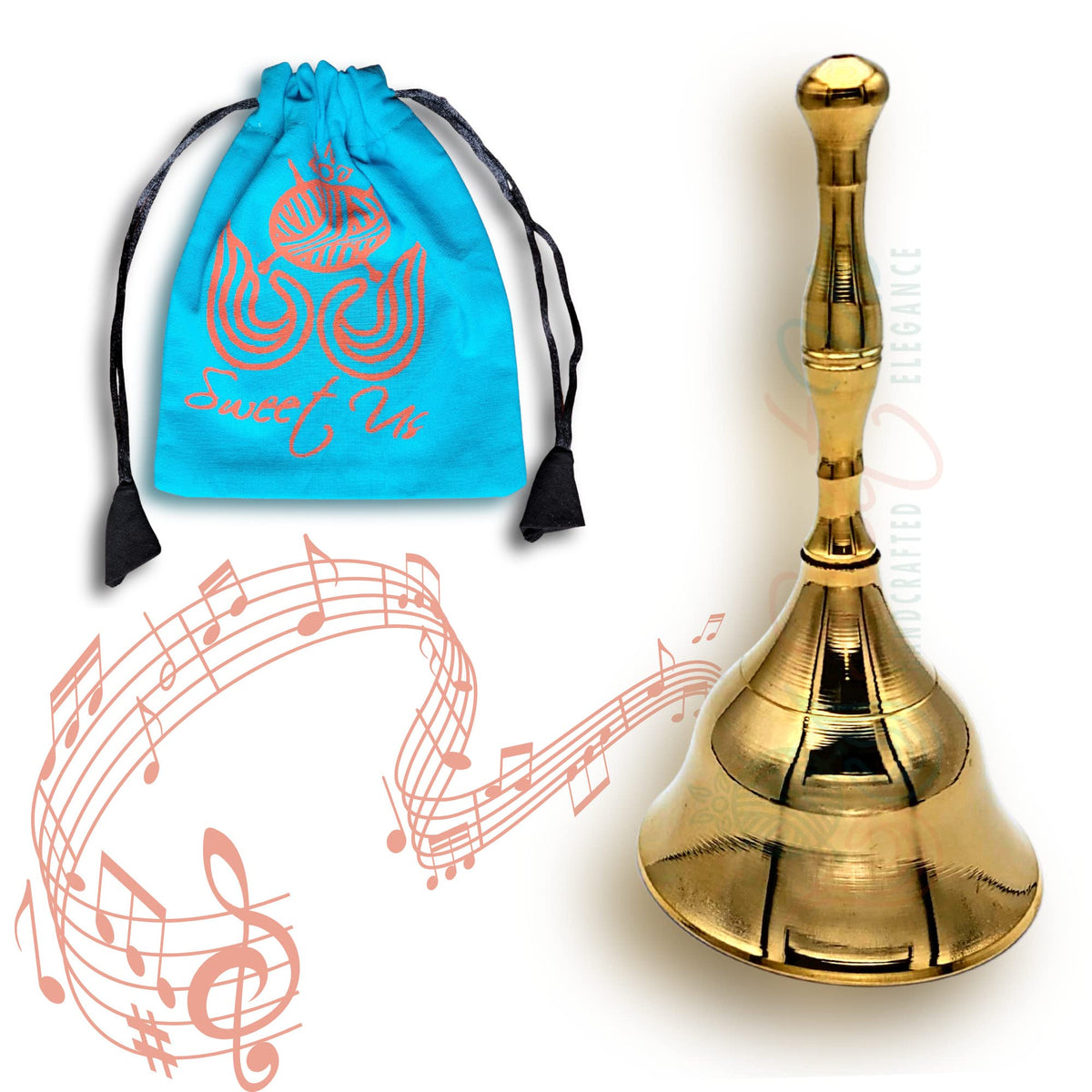 Solid Sturdy Polished Brass Hand Bell and Pouch Bundle (4.5-in High / Polished Brass)