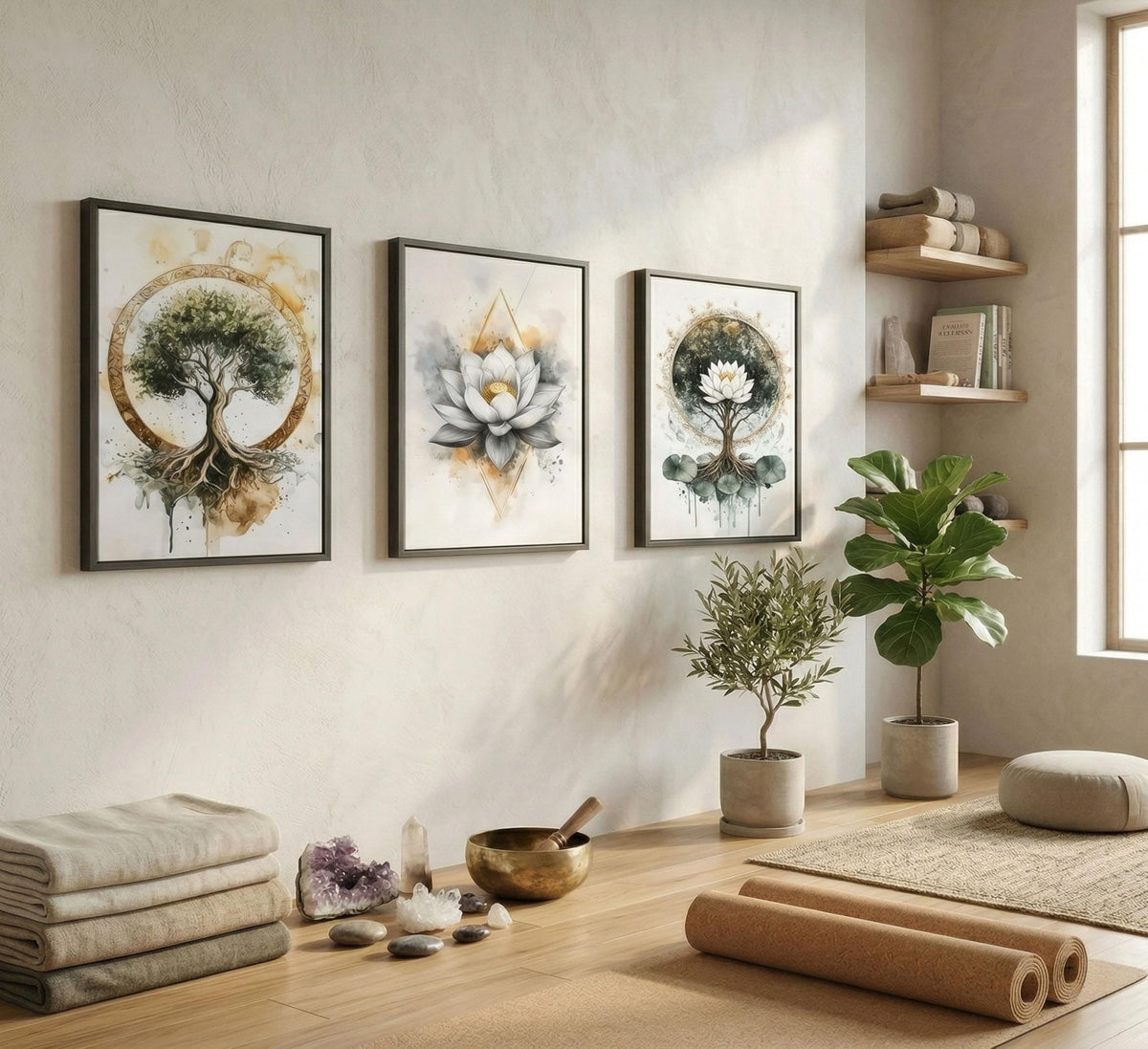 3PCS Zen Tree of Life Canvas Meditation Lotus Wall Art Unframed (Zen Tree of Life / 24"L x 16"W-Unframed)