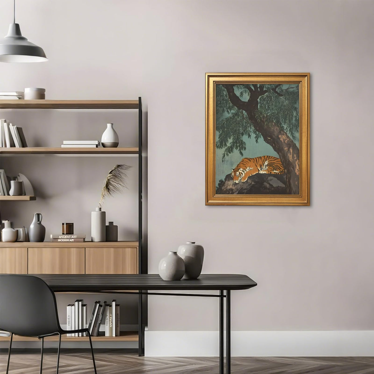 Gold Framed Vintage Tiger Wall Art Prints Retro Oriental Landscape Poster Asian Style Wildlife Canvas Painting Lazy Zen Tiger Under Ancient Tree Picture Artwork for Bedroom Home Decor 20x30inch (20"L x 30"W / Sleeping Tiger)