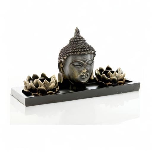 Resin Buddha Head Zen Garden Set with Lotus Tealight Holders & Tray (Black)