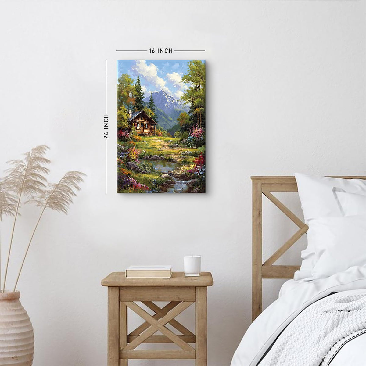 Mountain Froest Wall Art Nature Batonical Canvas Prints for Living Room Natural Landscape Painting Poster Colorful Wildflower Pictures Green Trees Canvas Artwork for Bedroom Home Decorations 16x24" (24"L x 16"W / Wooden House)