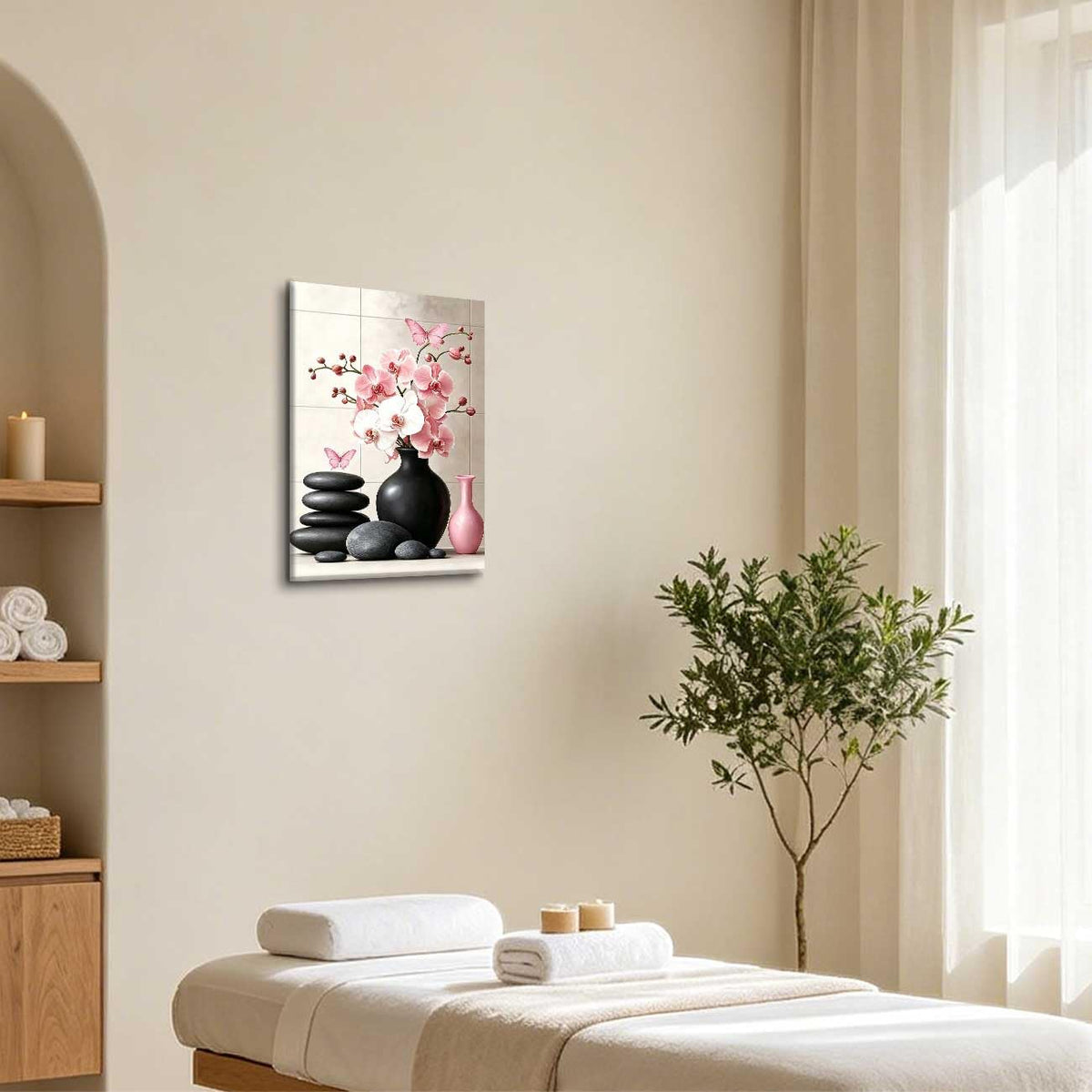 Orchid Flower Canvas Wall Art Zen Bathroom Pictures Prints Spa Stone Butterfly Wall Decor Black White Yoga Meditation Paintings for Living Room Bedroom (Pink / 20"L x 16"W)