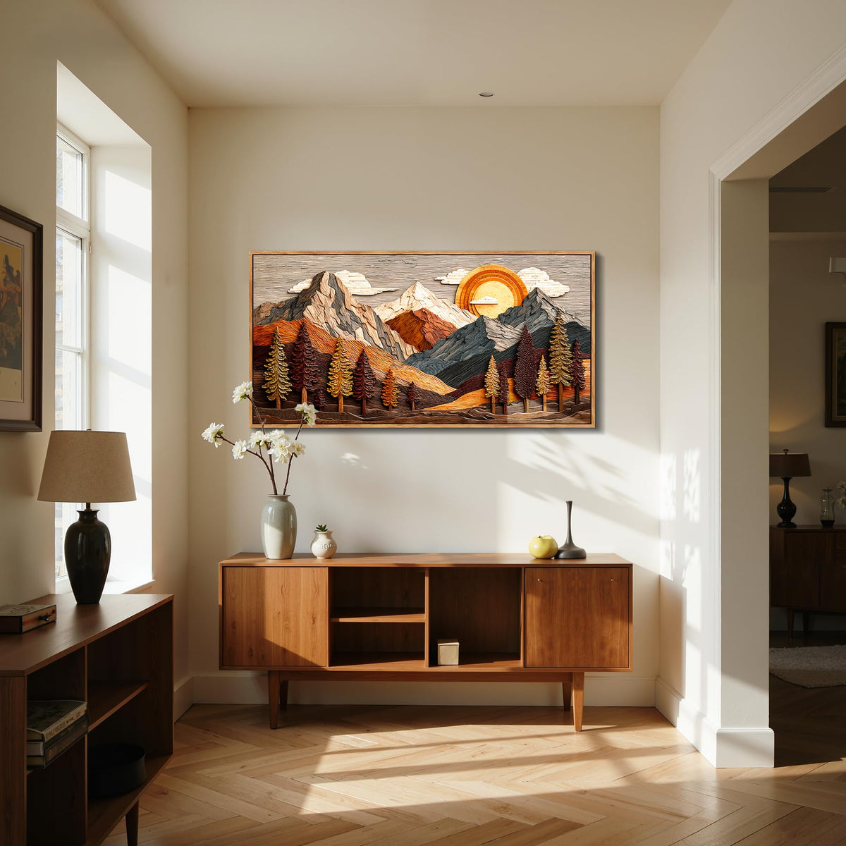 Abstract Mountain Large Framed Wall Art Modern Nature Decor Neutral (Wooden Mountain Print / 40"L x 20"W)