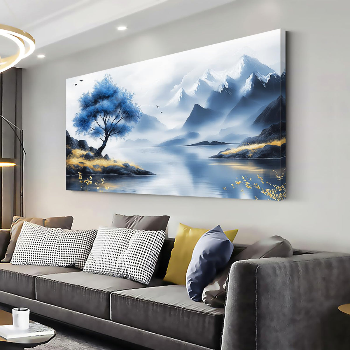 Blue Tree Lake Wall Art for Living Room Canvas Painting Prints Beautiful Mountain Lakeside Landscape White Nature Artwork Office Bedroom Family Room Decor Large (46L" x 23W" / Yellow and Blue Wall Art(k826))