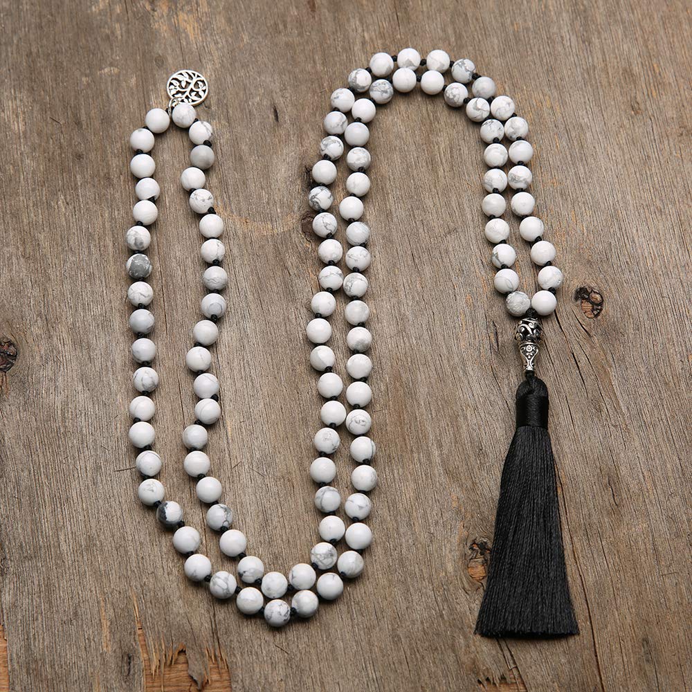108 Mala Beads Semi (Natural White Howlite（Black Tassel）)